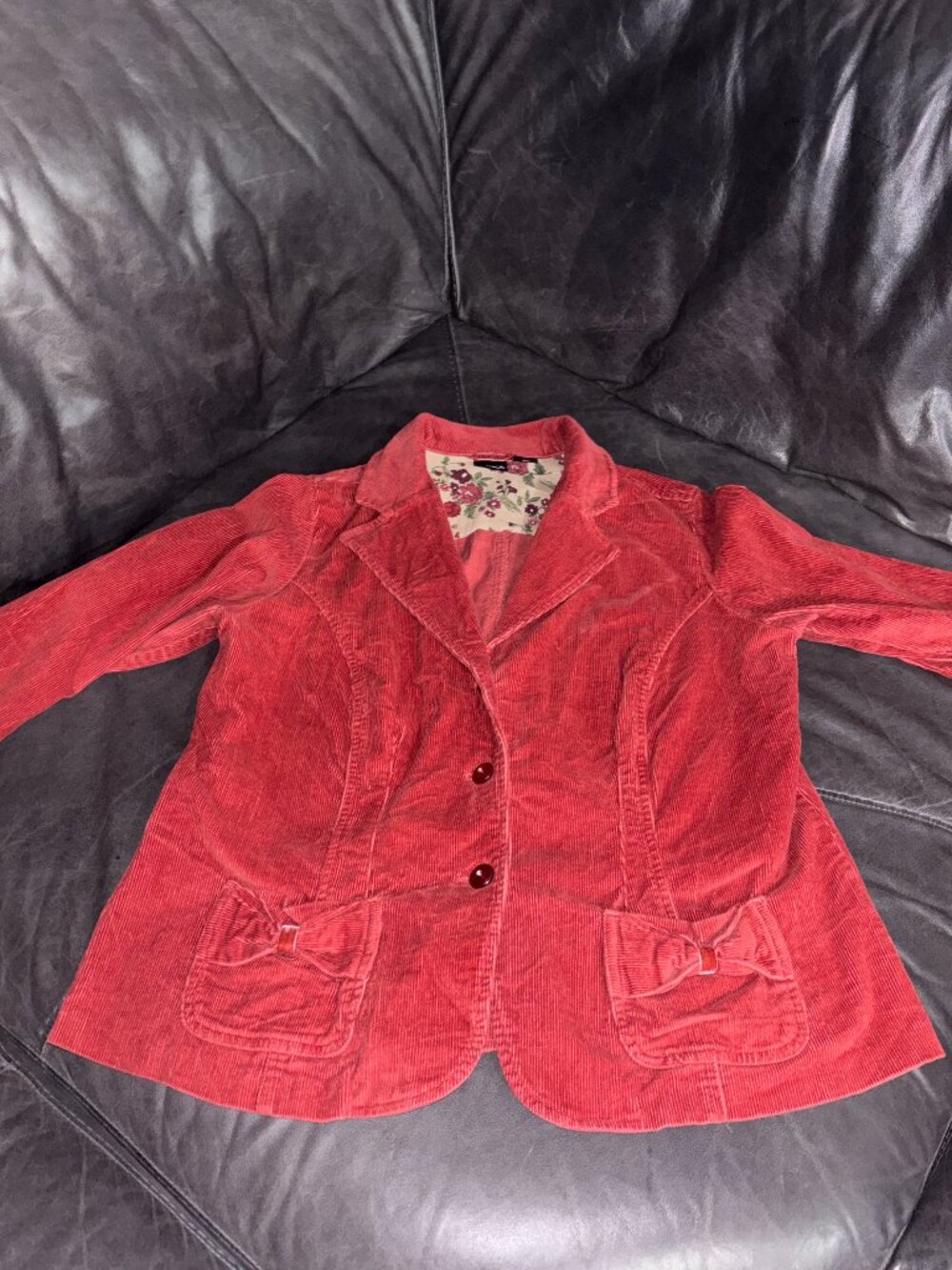 Erika Mauve Red Corduroy Blazer Jacket Button Front Bow Pockets L